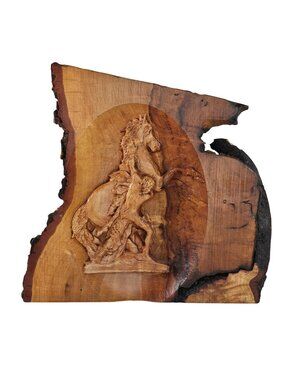 Horse Cowboy Wrangler Relief Carved On Live Edge Wood Slab Signed Wayne 2022